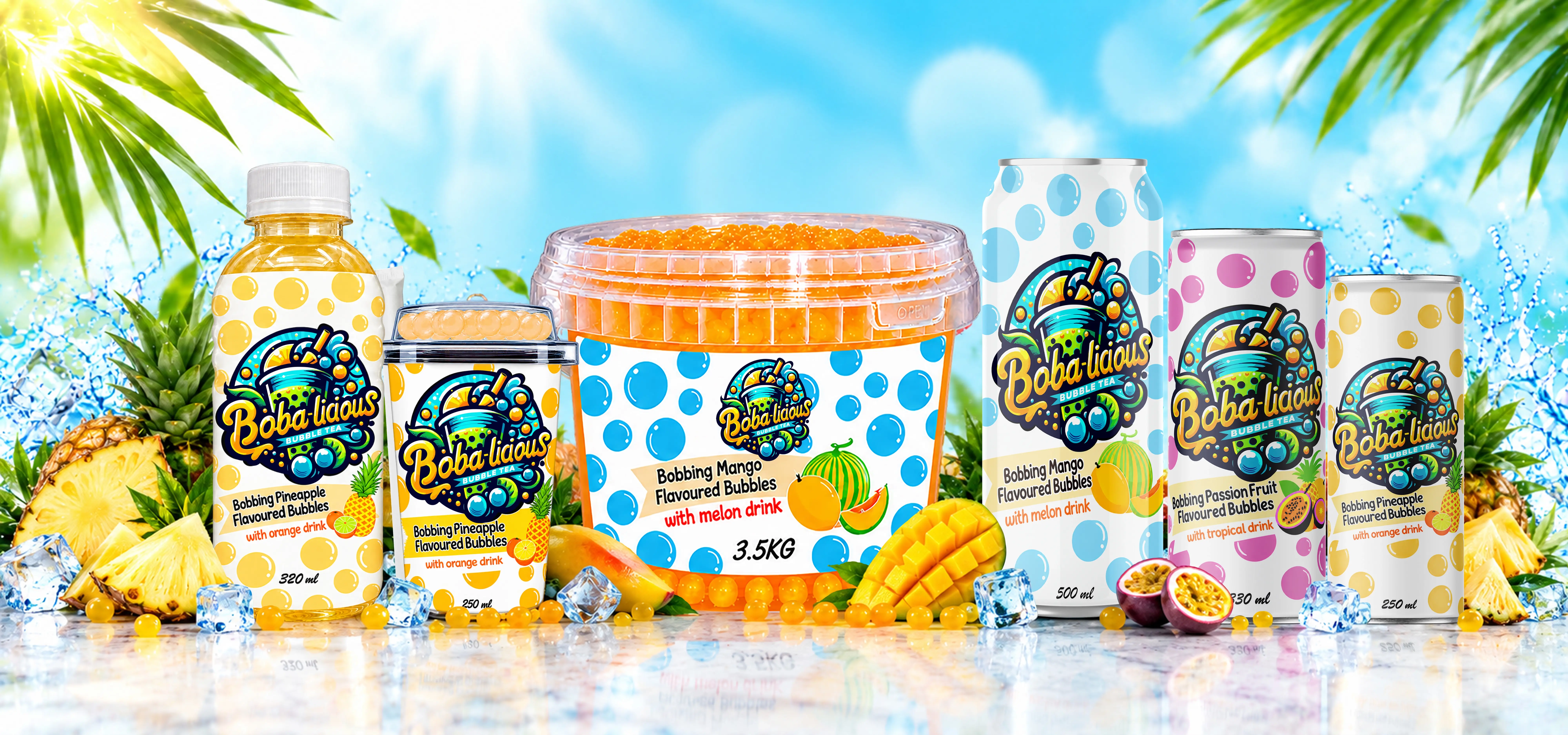 Bobalicious Bubble Tea served in cups, cans and bottles with tropical fruits and ANC Group Limited branding